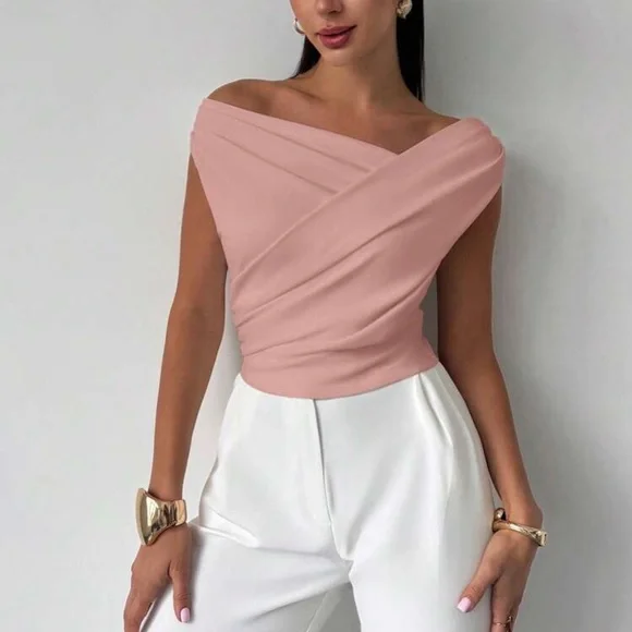Elegant Red Off-Shoulder Asymmetrical Neck Blouse